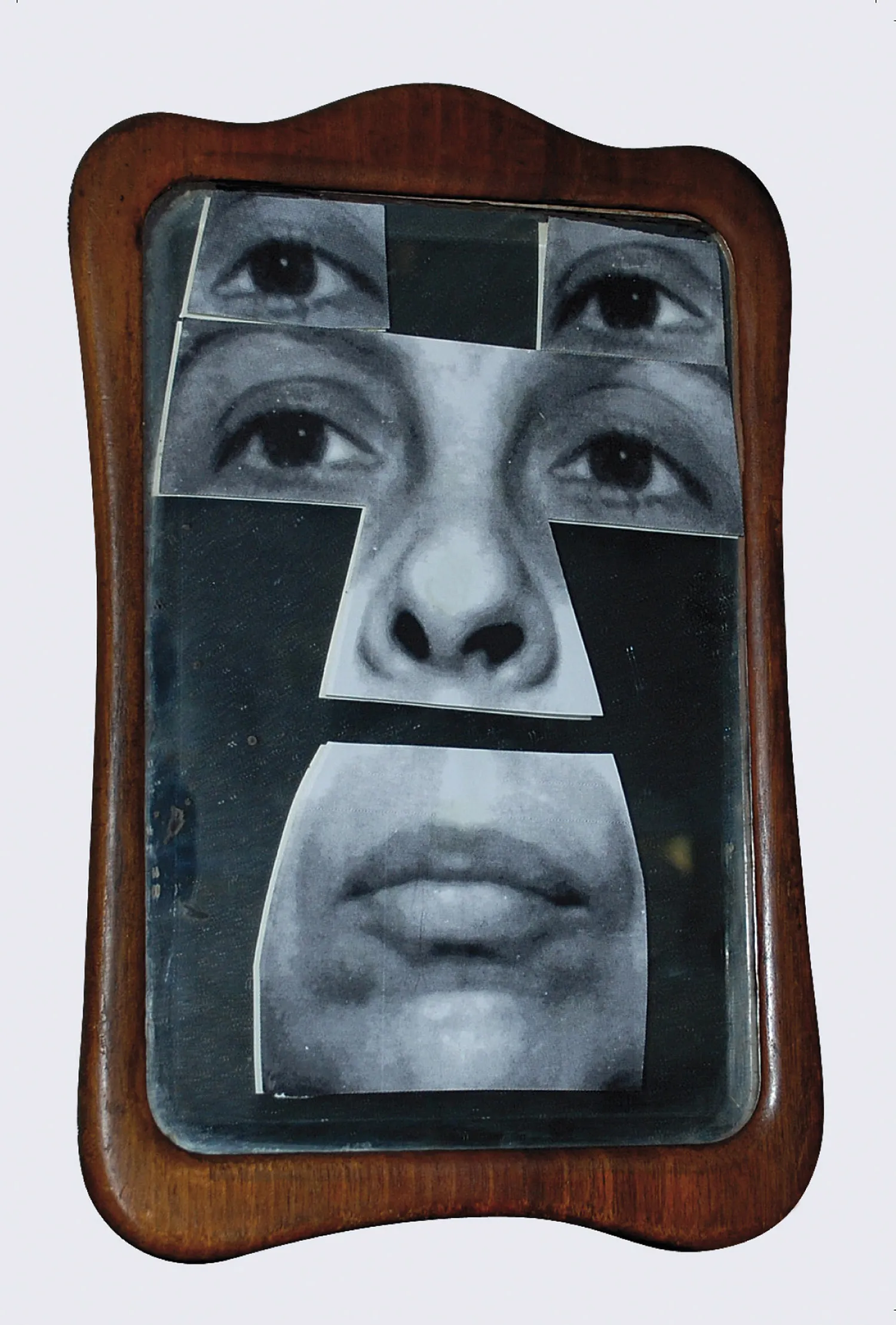 Cutouts of pictures on a frame.